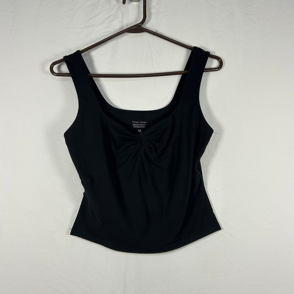 Trendy Queen Tank Top Women M Black Cinched Square Neck Cropped Soft Sleeveless